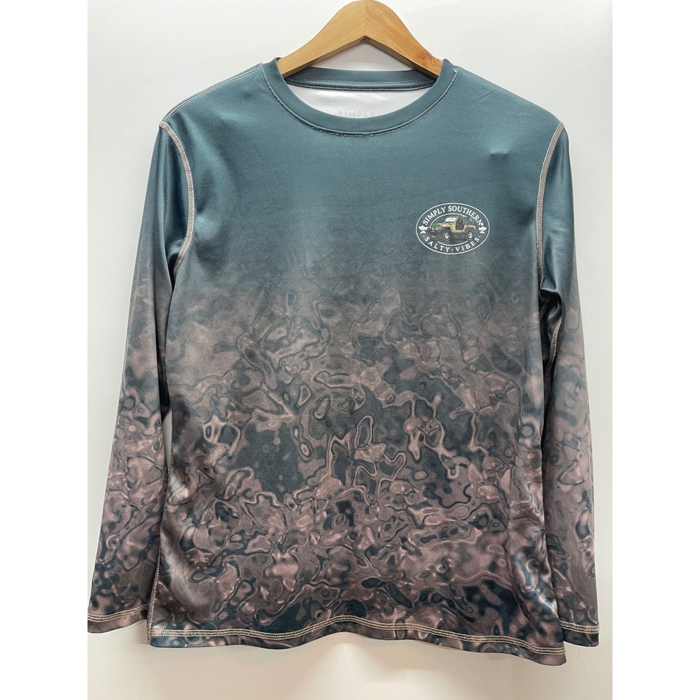 Simply‎ Southern Salty Vibes Jeep Long Sleeve Performance Shirt Teal Brown Small